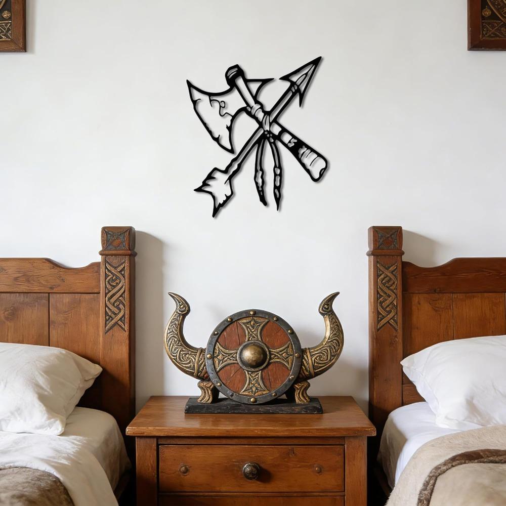 Metal Arrow Wall Art Native American Viking Decor Axe with Arrows Black Rustproof Home Decor 12.5x11 inch for Living Room Office Garden