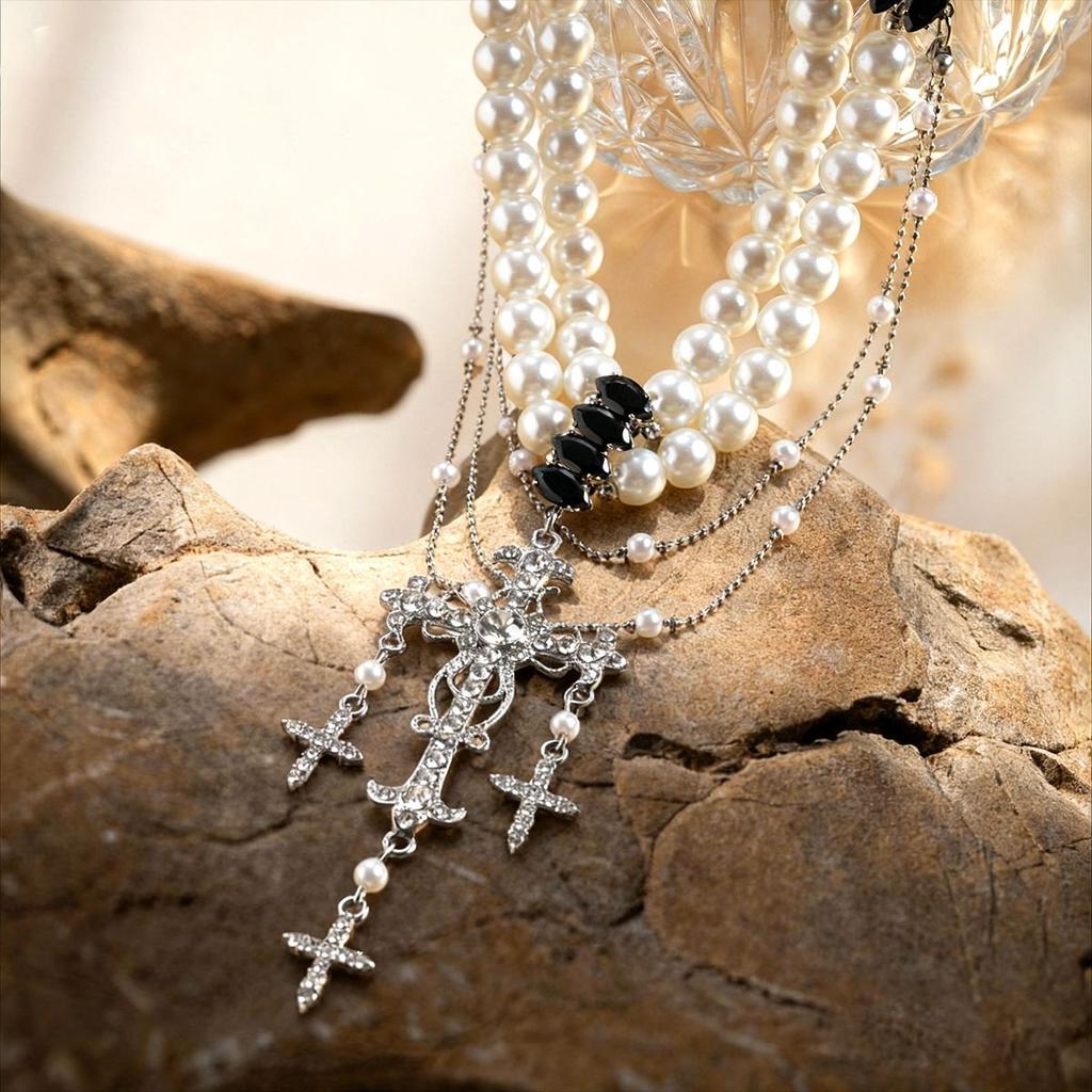 Personality diamond-set imitation pearl cross double-layer sweater chain temperament necklace