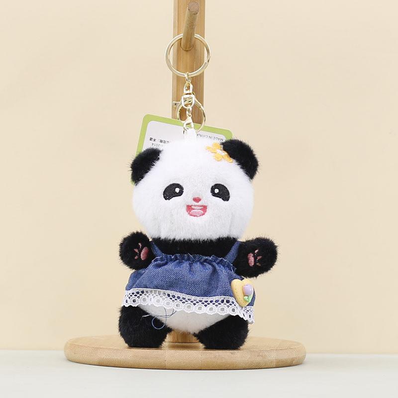 

Doll Plush Panda Keychain Pendant Wearing Lace Edged Denim Skirt Design Kids For