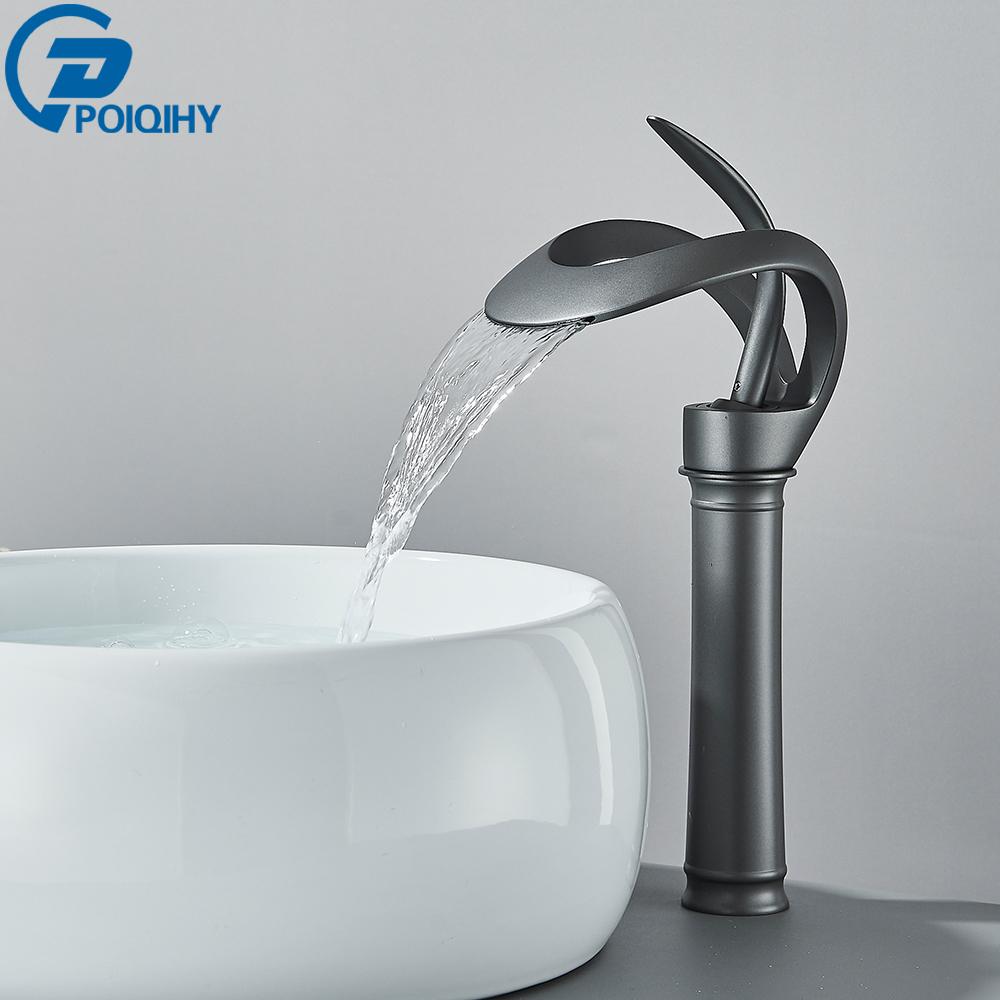 

Матово-черный смеситель для раковины в ванной комнате, золотой водопадный смеситель для раковины, латунный смеситель для раковины с горячей и холодной водой