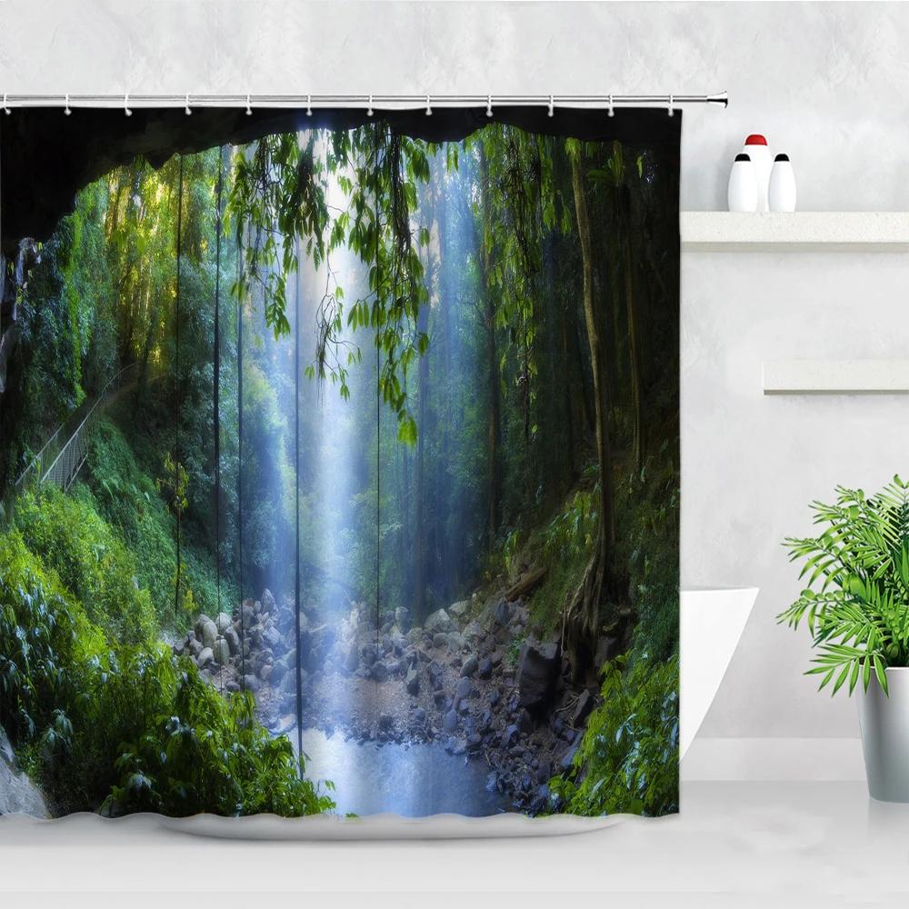 Tropical Landscape Shower Curtain 3D Open Window Ocean Beach Starfish Shell Palm Tree Scenery Waterproof Bathroom Decor Curtains
