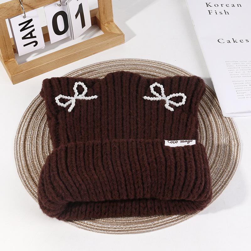Hat Women's Autumn and Winter Cat Ear Wool Hat Sweet and Cute Bow Warm Knit Hat Ear Protection Cold Pullover Hat