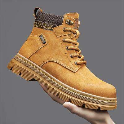 Men's Shoes Thick Soles Wear Raise Anti-slip Breathable Deodorant High Work Boots Leather Big Yellow Boots Plus Size Men's Boots