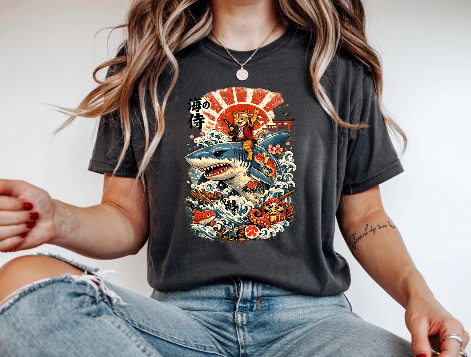 Samurai Cat Riding Shark T-Shirt Japanese Kawaii Anime Ocean Graphic Tee 4XL
