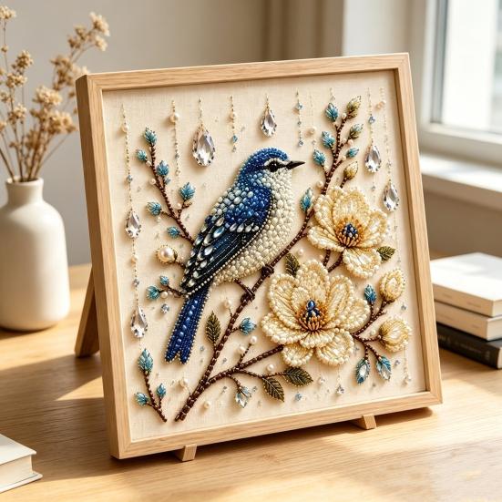 Hummingbird Bead Embroidery Kit, DIY Pearl Art Painting, with Crystal Beads Floral Designs Craft, for Adults Beginners