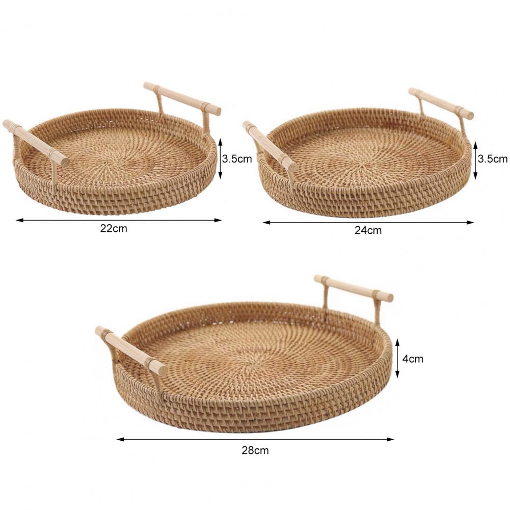 Ψάθινος Δίσκος Φρούτων Στρογγυλός Δίσκος Αποθήκευσης από Ρατάν με Ξύλινη Λαβή Πιάτο Φρούτων Ψωμιού Κέικ Φαγητού Δίσκος Σερβιρίσματος για το Σπίτι