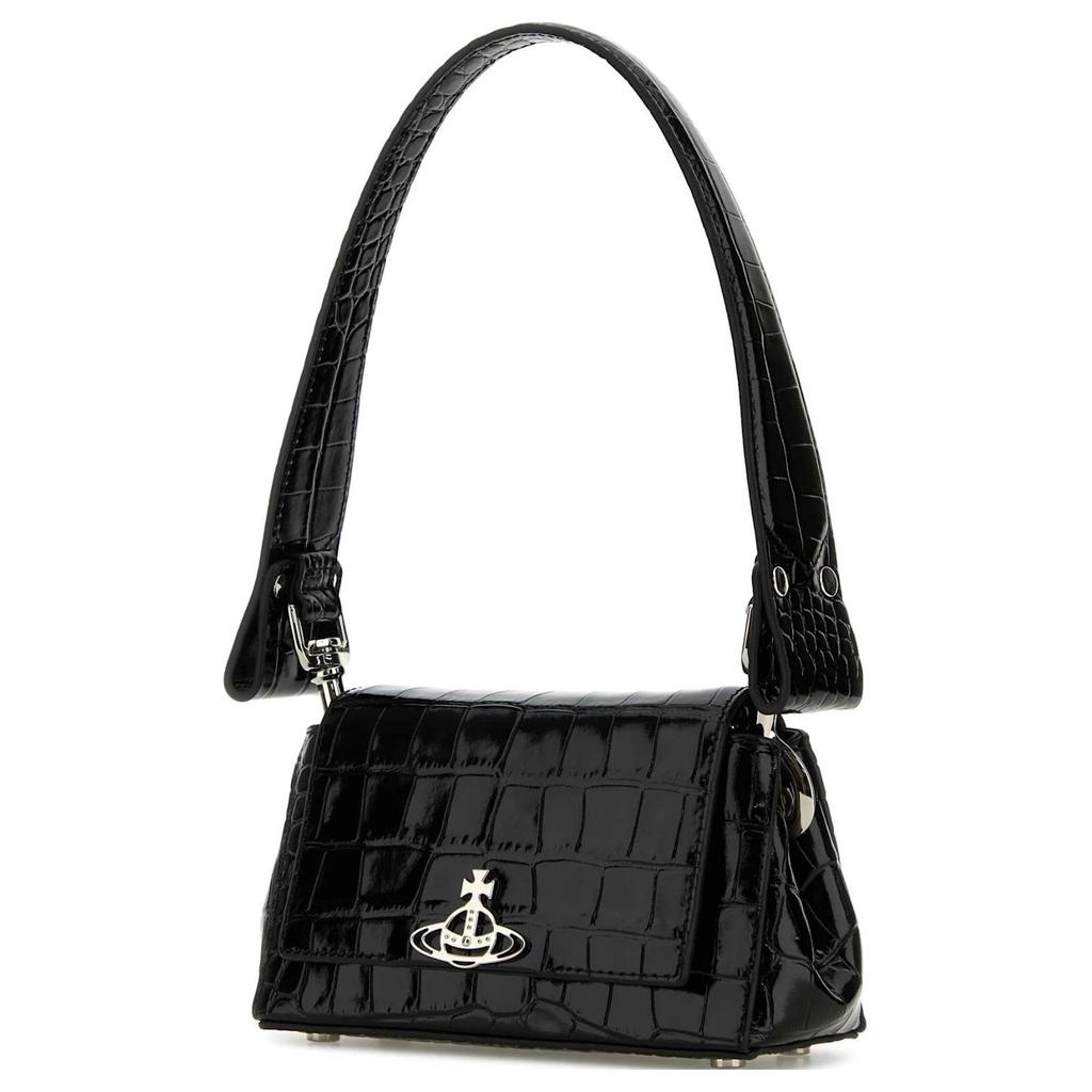VIVIENNE WESTWOOD Silver Metal Accessories Crocodile Pattern Embossed Leather Shoulder Bag Women Shoulder Bag Black 46030001WL0098N401