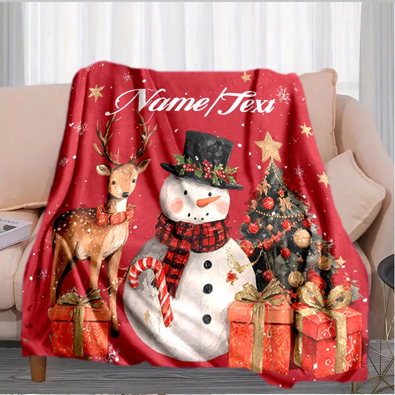 1PC Custom Name Christmas Snowman Deer Outdooor Flannel Blankets Throw Blanket All-Season Throw Gift Bedspread for Couch, Bed, Camping Holiday Birthda