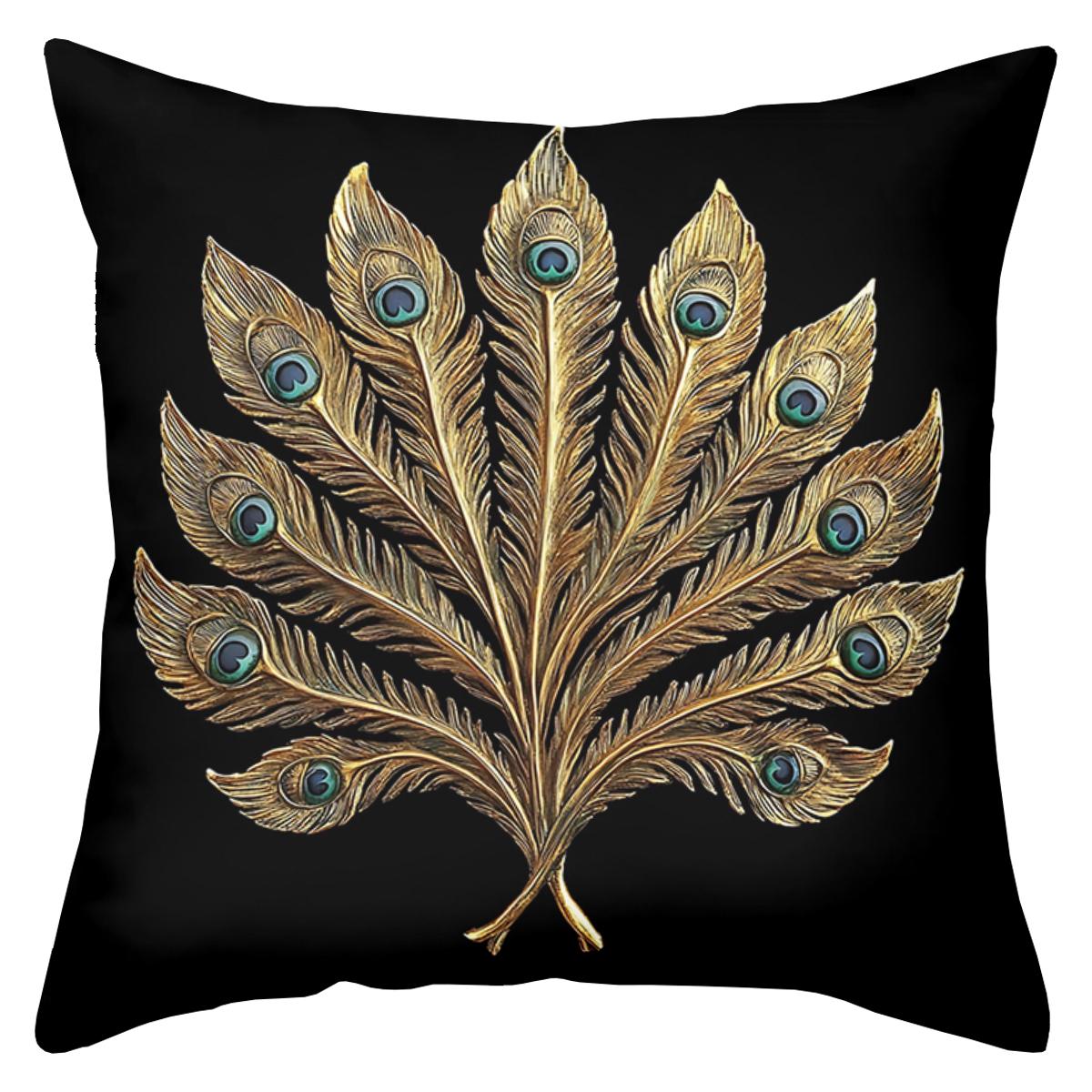 

1 Pieces Golden Peacock Feather Printed Black Cushion Polyester pillowcase, sofa decorative cushion cov Headboard Pillow 16x16Inch