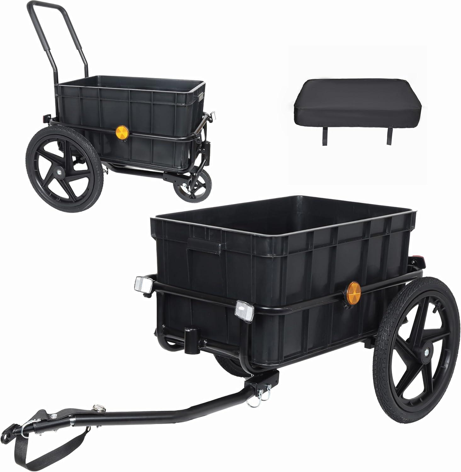 2-in-1 Bicycle Trailer & Push Cart, Waterproof, Removable Box, Reflectors,Universal Hitch for Travel & Shopping nero
