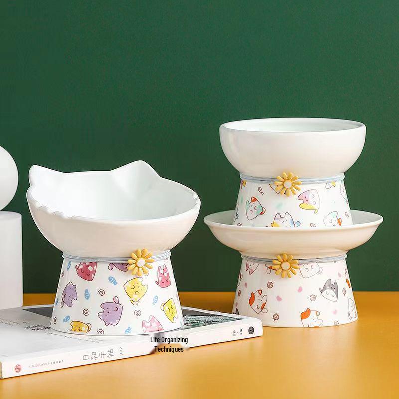 Ceramic Anti-Spill Cat and Dog Bowl with Slanted High-Footed Design