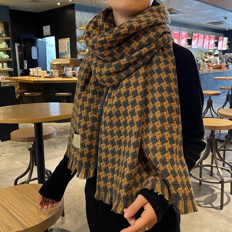 Winter Scarf for Women New Korean Style Double Sided Imitation Cashmere Knitted Rhombus Plaid Versatile Warm Student Scarf Shawl