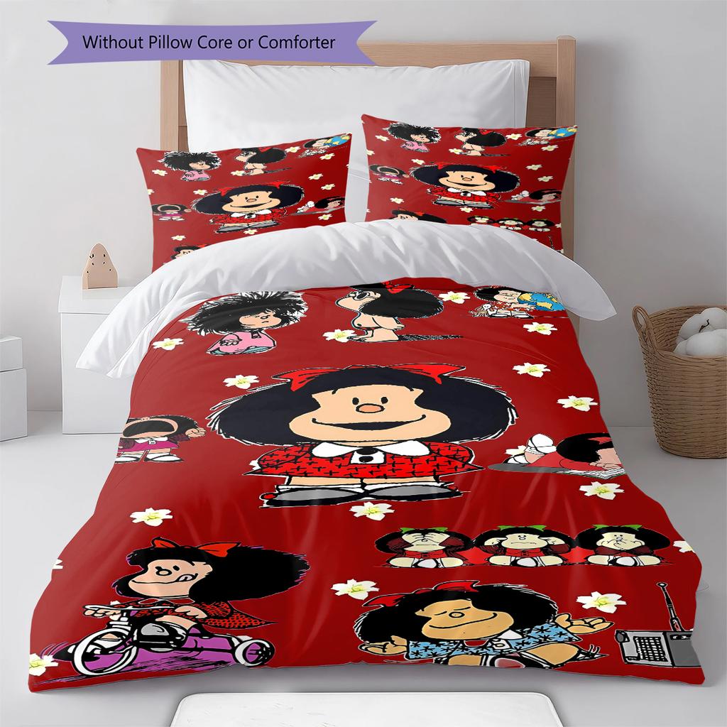 Pościel z wzorem Mafaldy, Zestaw kołdry Poszewka na kołdrę Poszewka na poduszkę Domowy prezent urodzinowy (1 * poszwa na kołdrę + 2 * poszewki na poduszki, bez rdzenia)