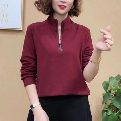 T-shirt à manches longues unicolore pour femme avec demi-fermeture éclair et col montant, polaire double face, décontracté, couche de base chaude pour l'automne/hiver.