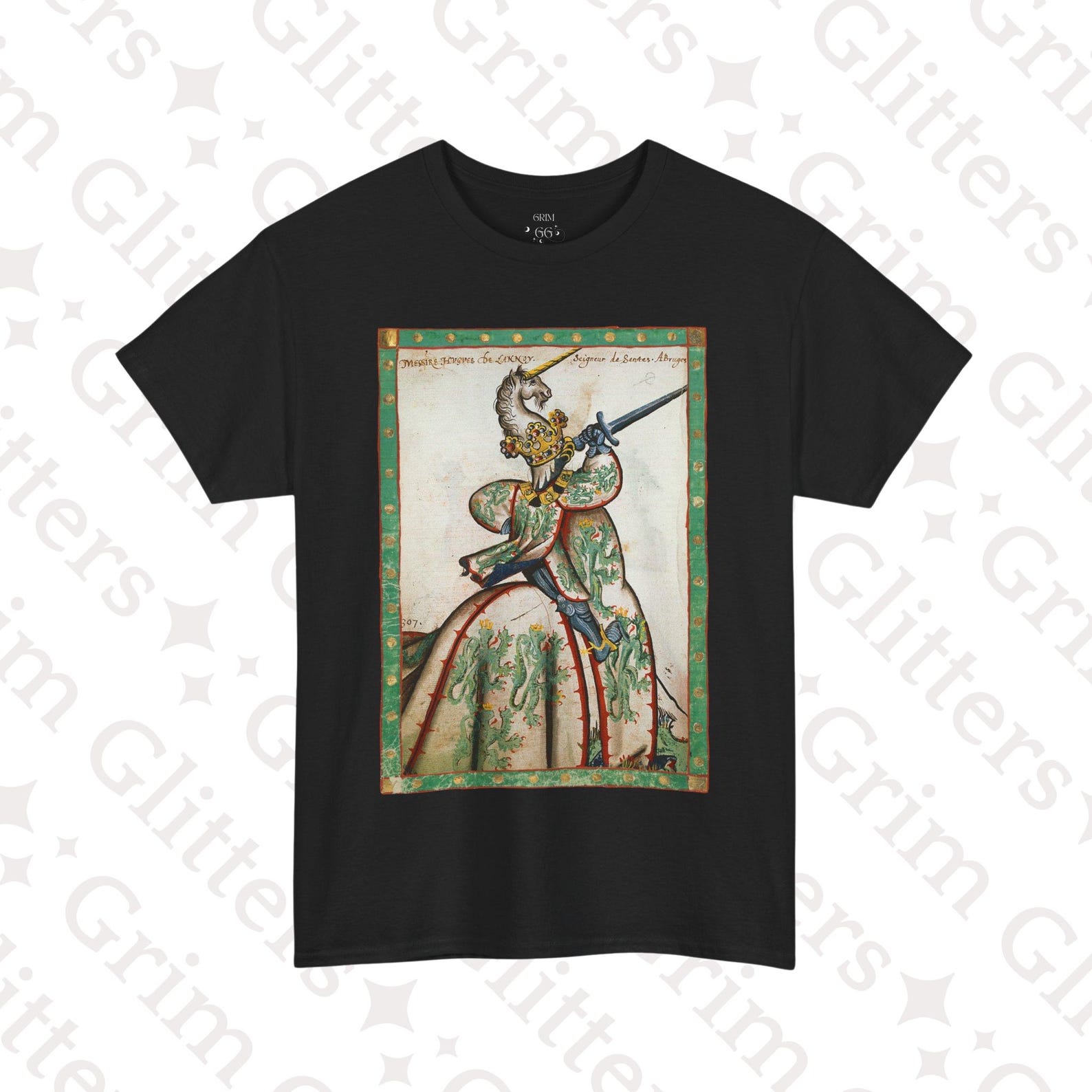 Lord of Santes T-Shirt: Medieval Knight with Unicorn Crest Armorial Art Unisex Tee 4XL
