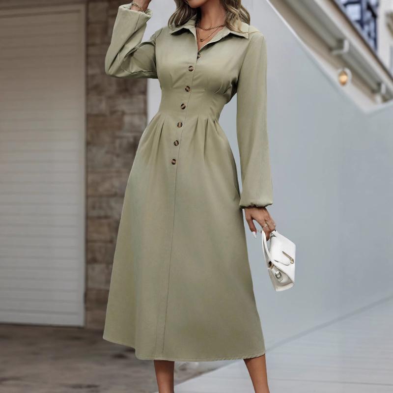 New Autumn Lapel Waisted A-line Skirt Commuter Long-sleeved Button-up Shirt Dress