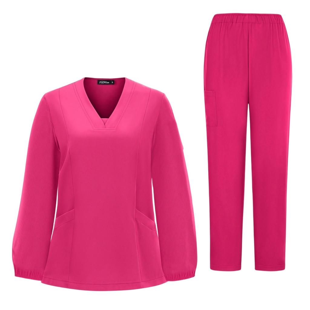 Women's Quick Drying Fabric Solid Color V-neck Pocket Long Sleeve Pants Set Workwear
