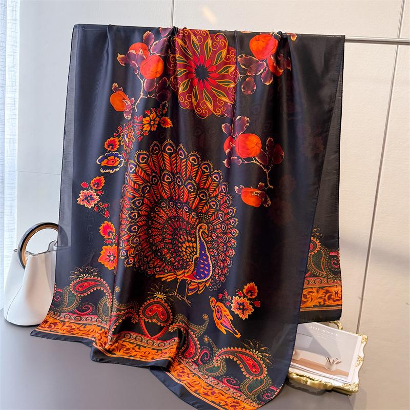 Spring And Summer Thin Peacock Simulation Silk Brocade Fashion Silk Scarf Long Scarf Silky Print Shawl Versatile Headscarf Scarf
