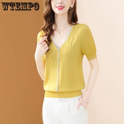 Temperament Women's V-neck Ice Silk Knitted T-shirt Summer Hollow Out Versatile Short Sleeve Top Thin