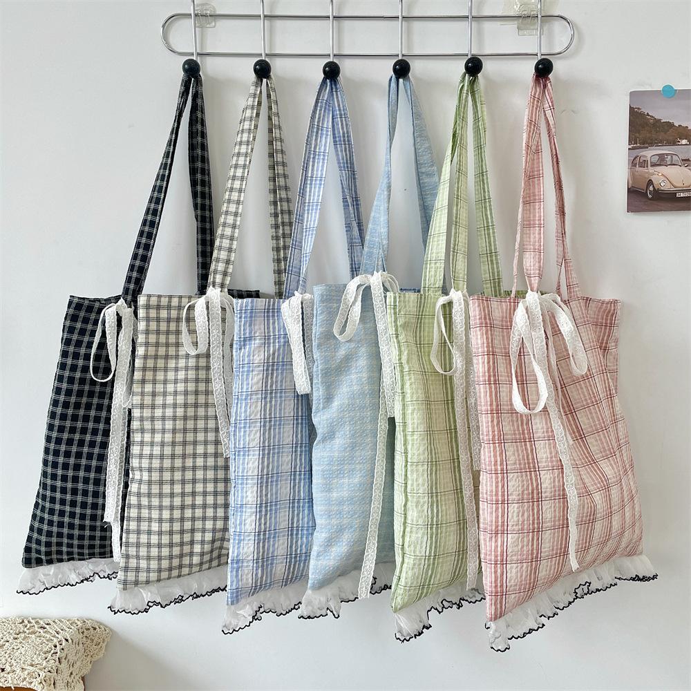 Retro Lace Bow Women's Shoulder Bag Large Capacity Girls Plaid Travel Tote Shopping Bag Commuter Female Handbags Portable Purse