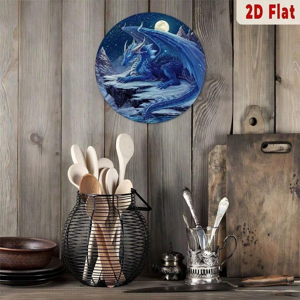 Vintage Wyvern Metal Sign Round Fantasy Night Landscape Aluminum Sci Fi Room Decor Basement Wall Art Unique Gift Home Decoration