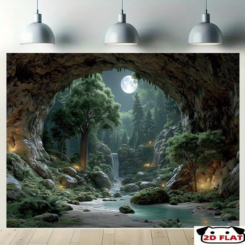 Waterfall Cave Wall Mural, 3D Nature Landscape Peel and Stick Wallpaper, Living Room Bedroom Decorative Backdrop