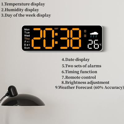 Grande Horloge Murale Numérique Télécommande TEMP Humidité Semaine 2 Alarmes Minuterie Compte à Rebours 12/24H Heure d'Été Table LED Réveil