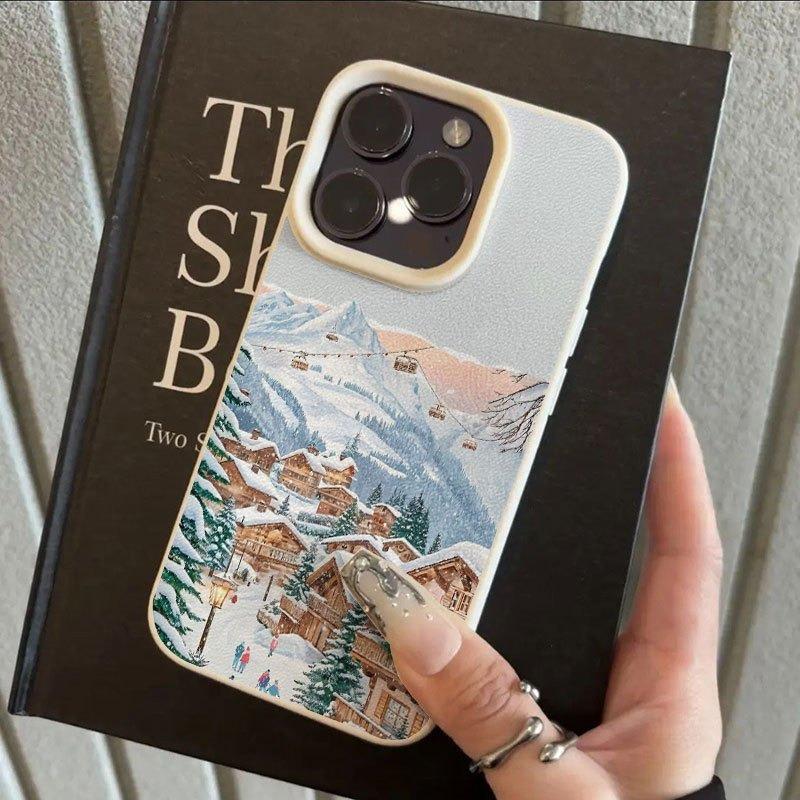 

Skiing Town Winter Style Lychee Texture Phone Case For iPhone 11 12 13 14 15 16 17 Pro Max 17 Air 15 Plus X XS XR 16E Soft Cover iPhone 16