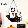 Halloween Ghost Wall Decor Cute White Wooden Door Hanger Sign with Black Cat BOO Gift for Party Banner, Waterproof Front Plaque Farmhouse Holiday