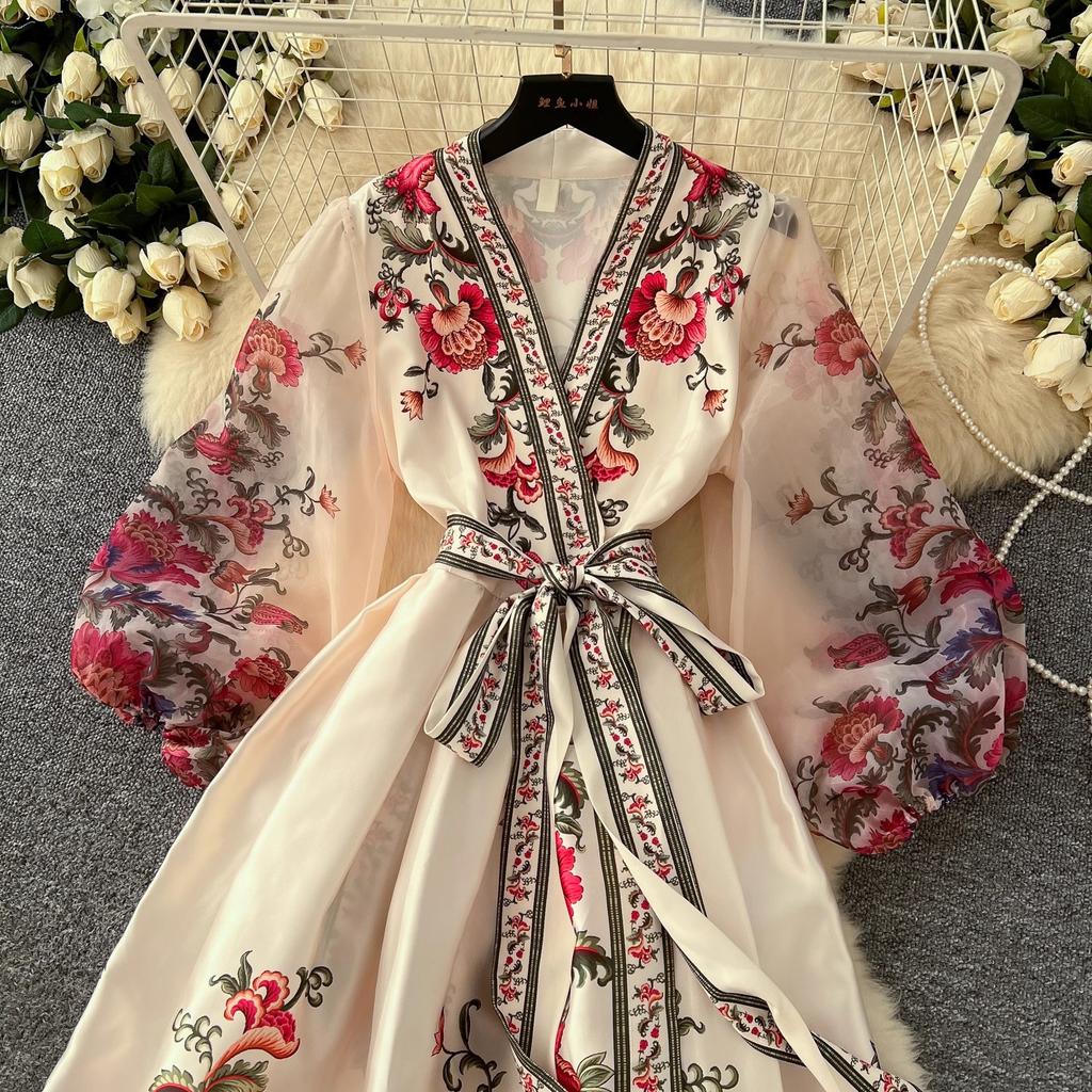 Gorgeous Flower Print Chiffon Lantern Sleeve Splice Bandage Lace Up Wrap Dress Women's Cross V-Neck Thick Satin Boho Party Clothing