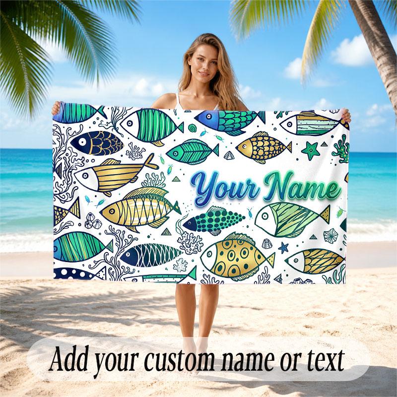 Fish Ocean Theme Beach Towel Personalized Custom Name & Text Soft Quick Dry Beach Towel for Swimming Travel