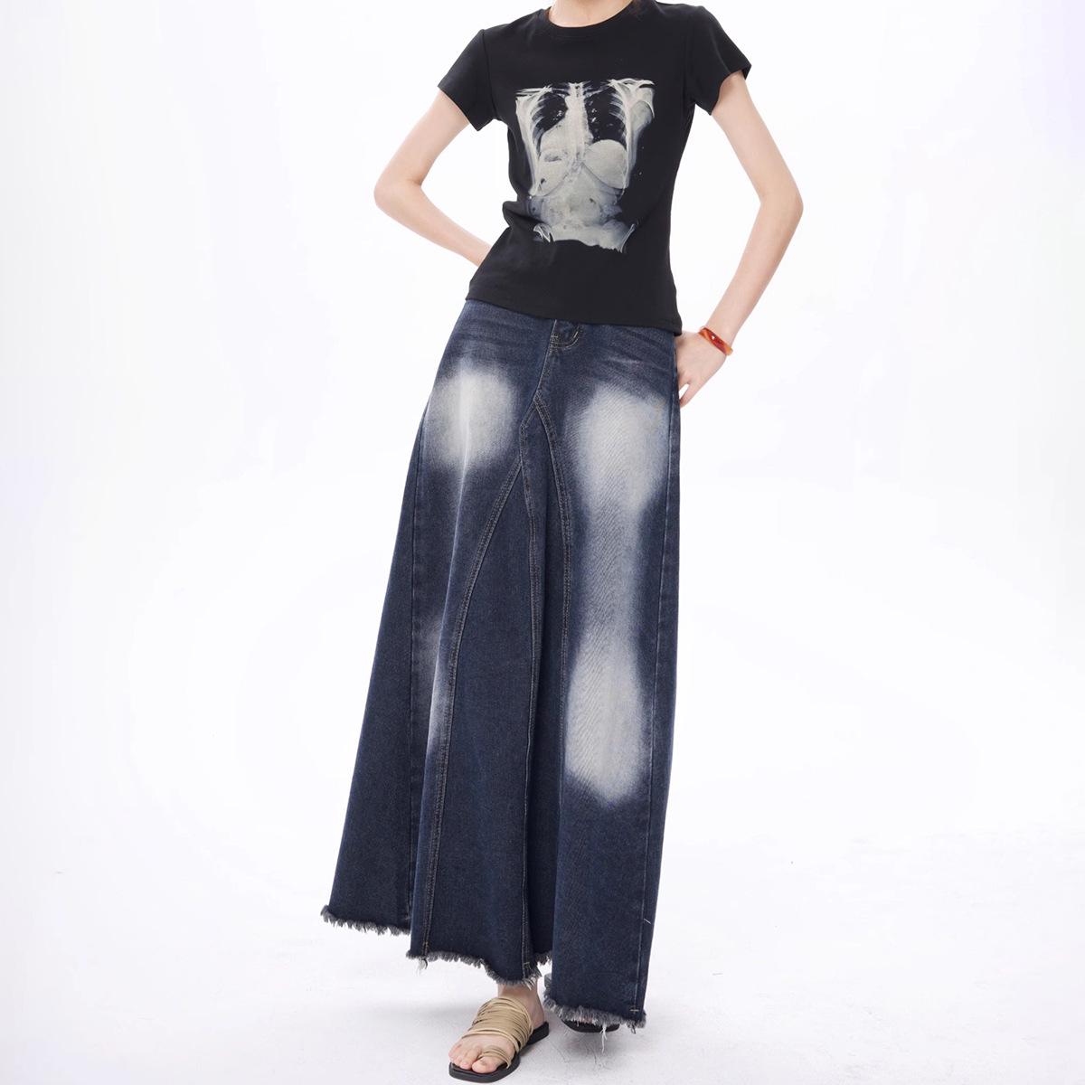 

American High Street Fashion Patchwork Denim A-Line Midi Skirt for Women, Spring 2025 - High Waist, Raw Edge Design Small синьо сірого кольору