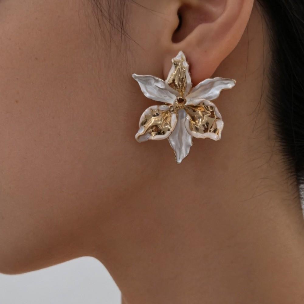 1 pair Zinc Zinc Alloy Golden and Silver Earrings Luxury Metal Flower Ear Studs Enamel Iris Earrings  Holiday