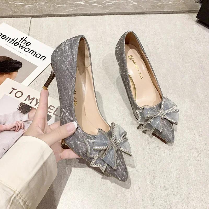 Women's Pumps Cinderella Rhinestone High Heels Pointed Toe Bow-knot Shoes Women Crystal Party Wedding Shoes Zapatillas Mujer