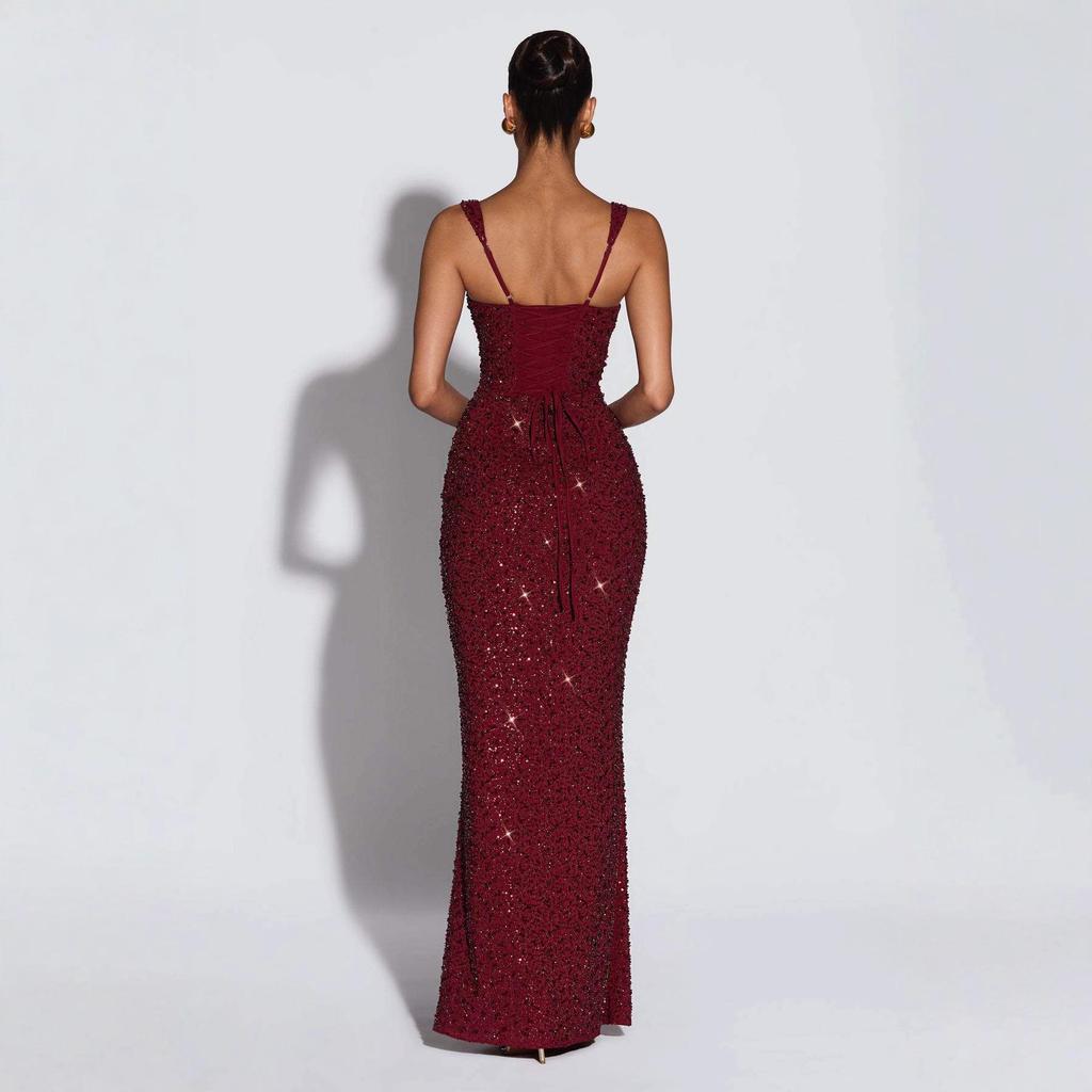 2025 European & American Sexy Spaghetti Strap Off-Shoulder Slim-Fit Shiny Dress