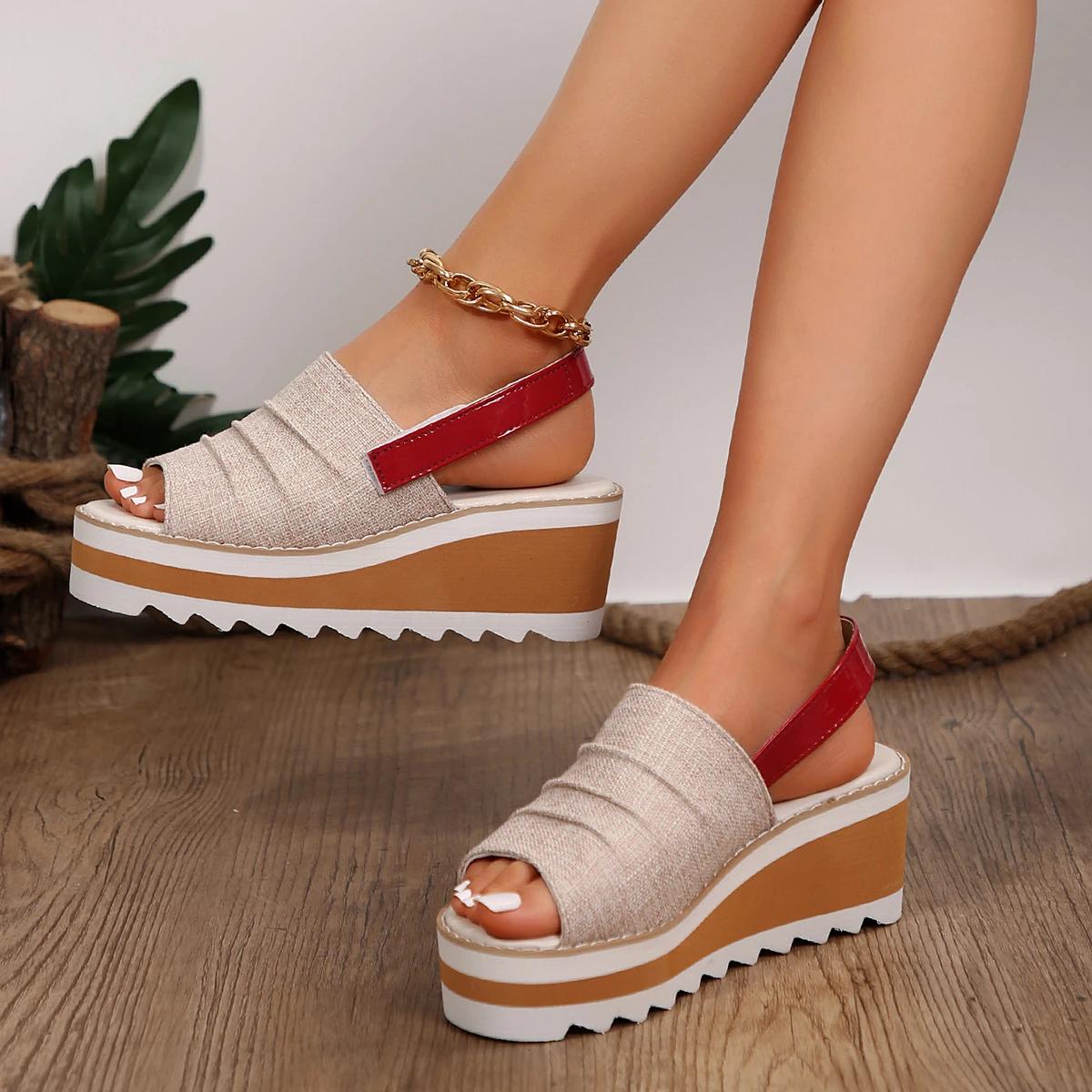 

Мода 2024 года, женская обувь, женские сандалии больших размеров, модные сандалии с открытым носком, женские босоножки на толстой танкетке с круглым носком 43 бежевый