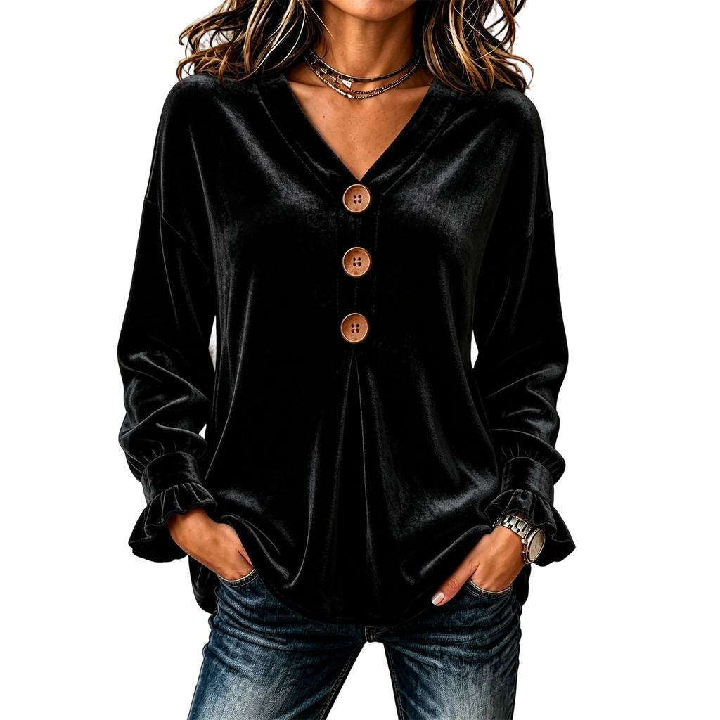 Women's Velvet V-Neck Long Sleeve Top Casual Loose Fit Color Blouse