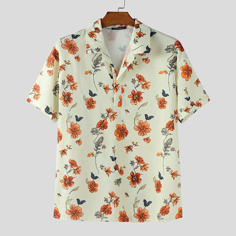 

INCERUN Летние мужские рубашки оверсайз с лацканами, коротким рукавом и цветочным принтом, в стиле кэжуал