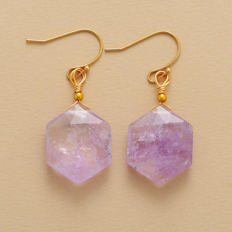 

High quality natural stone amethyst blue gold hexagonal pendant earrings popular crystal jewelry