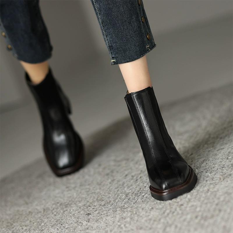 Autumn and Winter Retro Short Boots Women's 2024 New Genuine Leather Thick Heel Square Toe Chelsea Boots High Heel Woman's Shoes