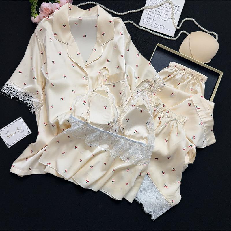 Women's Ice Silk 4-Piece Set: Short-Sleeved Camisole & Long Pants for Spring/Summer, Cozy Outerwear for Autumn/Winter.