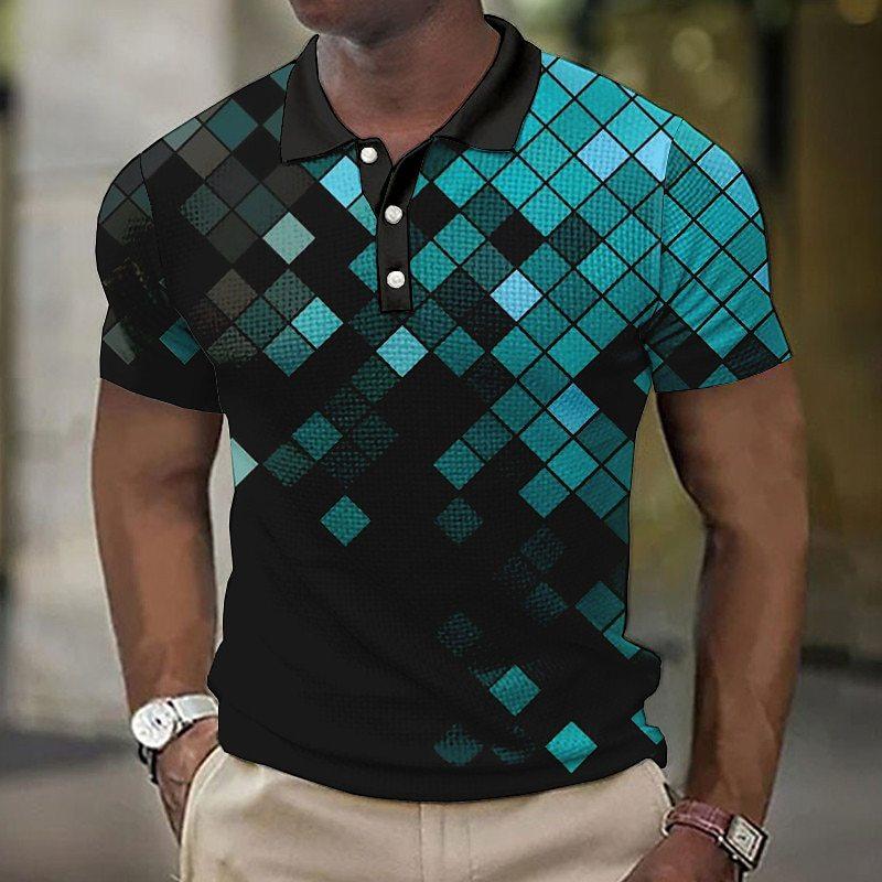 Gradient Grid 3D Digital Printing Men's Comfortable Polo Shirt