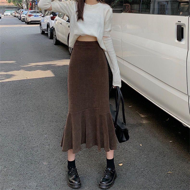 Slim-Fitting High Waist Split Mermaid Skirt Women's Autumn Winter Korean Style Mid-Length Elegant A-Line Bodycon Midi Skirt
