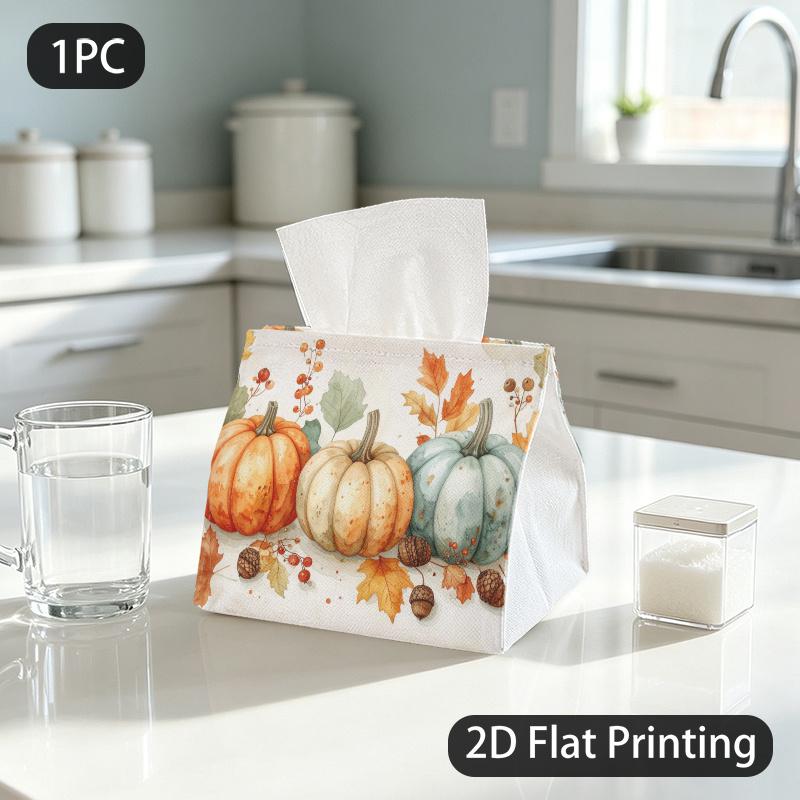 1pc Tissue Box, Watercolor Style Autumn Pumpkins Warm Mood Pattern, 2D Flat Printing, Keeps Dust Out, Strong And Firm, Tissue Holder, for Around The H