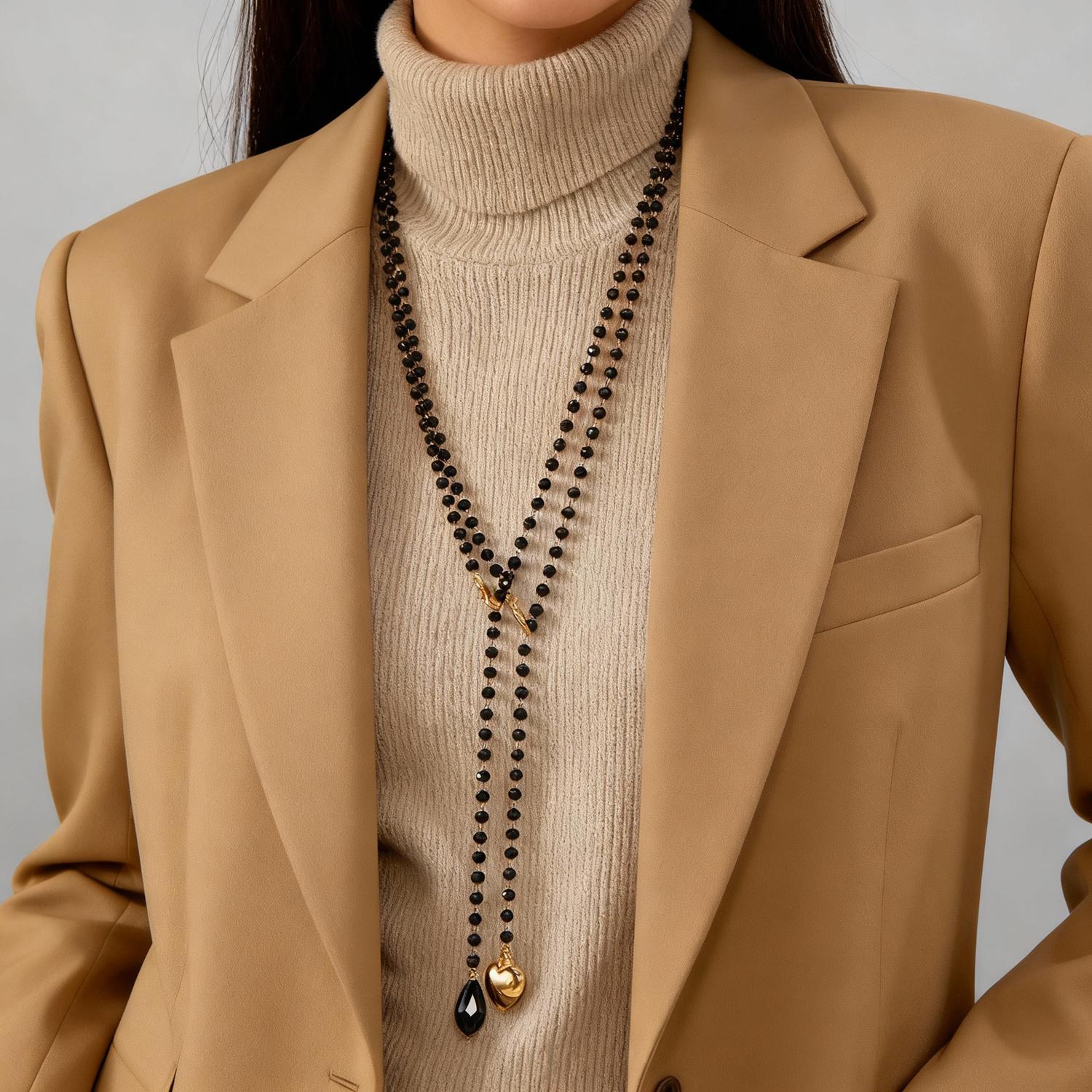 

Bohemian Black Beads Long Tassel Sweater Chain Necklace for Women Love Heart Pendant Water Drop Y Shape Necklaces Party Jewelry