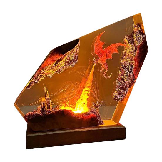 Epoxy Resin Dragon Lamp Handmade Flame Dragon Night Light for Bedside Living Room Collectible Gifts for Son Husband Boyfriend Fantasy Enthusiasts