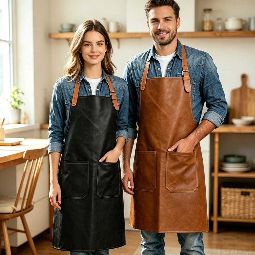 Waterproof PU Leather Apron - Oil-proof Workwear for Coffee Shops, Baking, Catering, BBQ - Unisex Customizable Apron