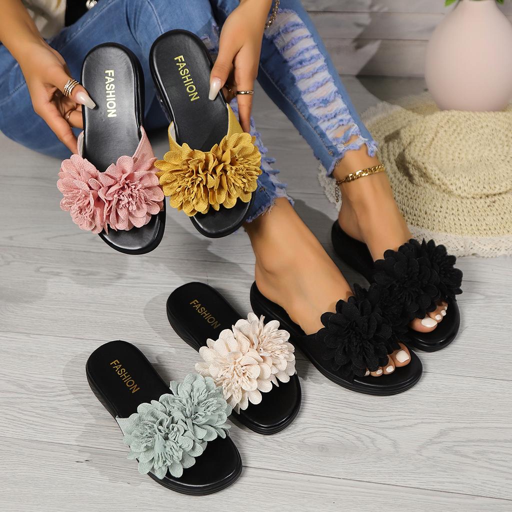 Fashion Fashionable Wedge Sandals for Women 2024 Summer New Beach Thick-soled Flower Decorated High-heeled Slippers for Women Large Size