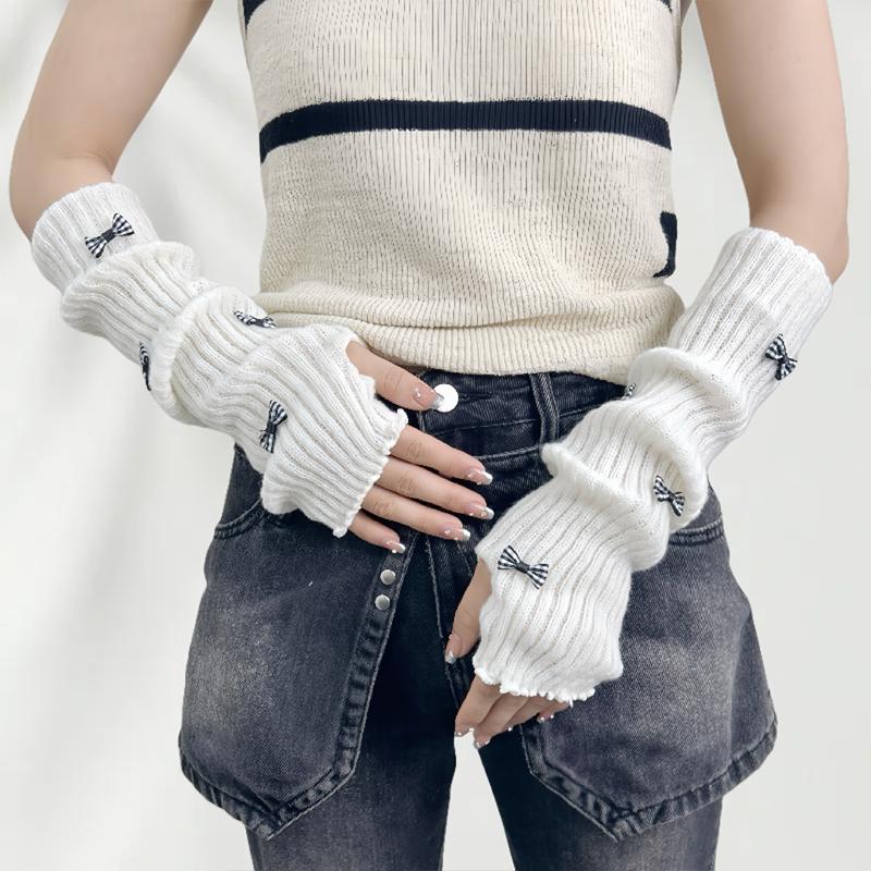 Sweet Cute Fur Bowknot Fingerless Gloves Girl Cosplay Sleeves Arm Sleeves Wool Knitted Sleeves