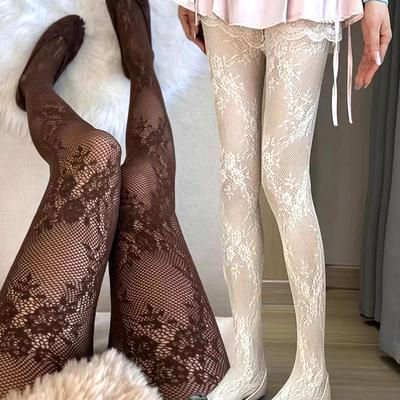 2026 Retro Floral Lace White Black Stockings Korean Sexy Hollowed Out Lace Mesh Stockings with Bottom Pantyhose for Women Tights